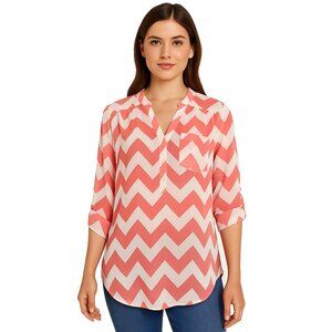 Styleholic Coral White Chevron Blouse Womens Small Sheer Roll Tab Sleeve‎ Top